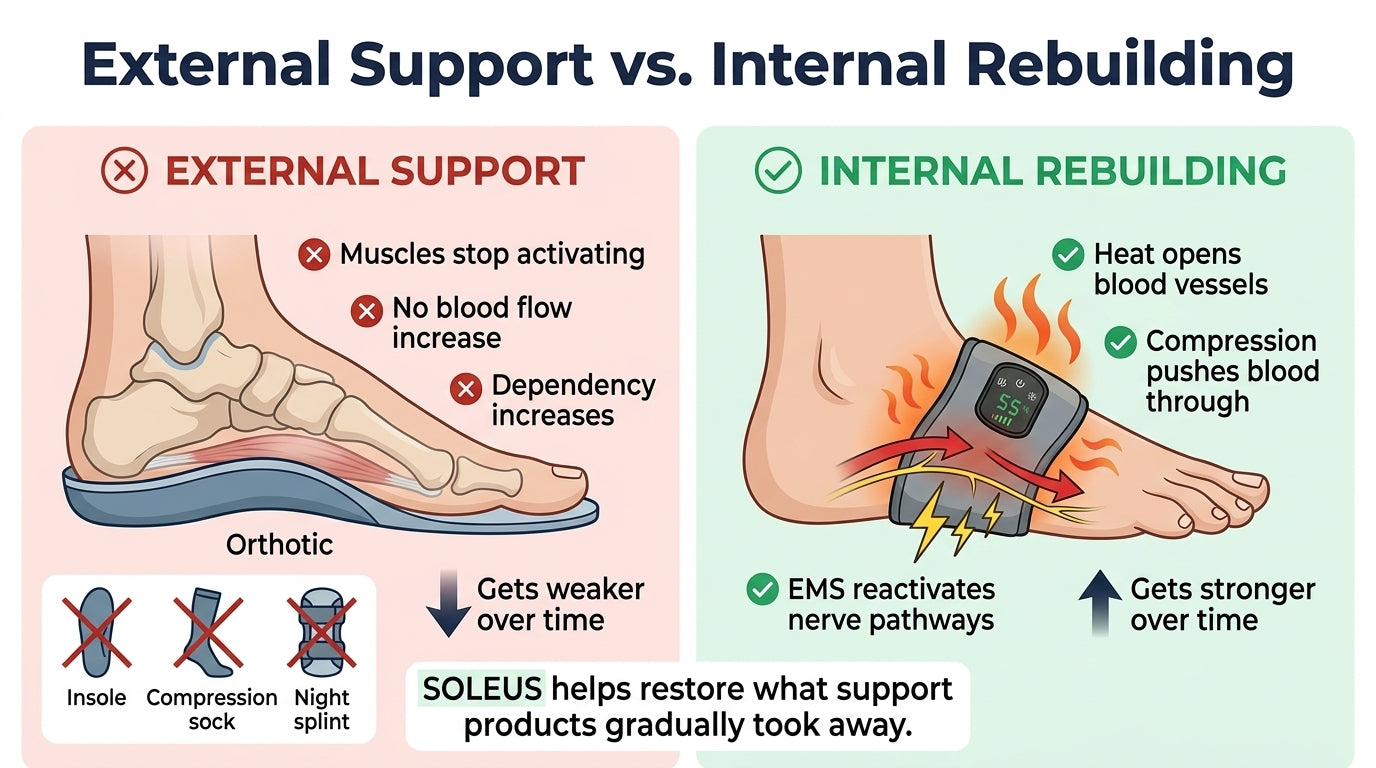 External support vs internal rebuilding -- orthotics weaken muscles while SOLEUS rebuilds with heat, compression, and EMS