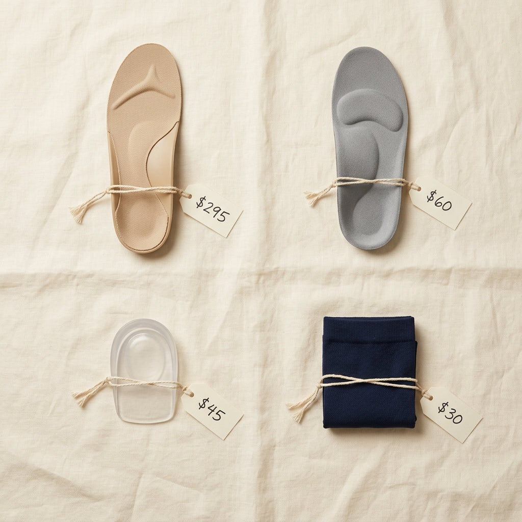 A flatlay of failed arch-support products — custom orthotic, cushioned arch insert, gel heel cup, compression sock