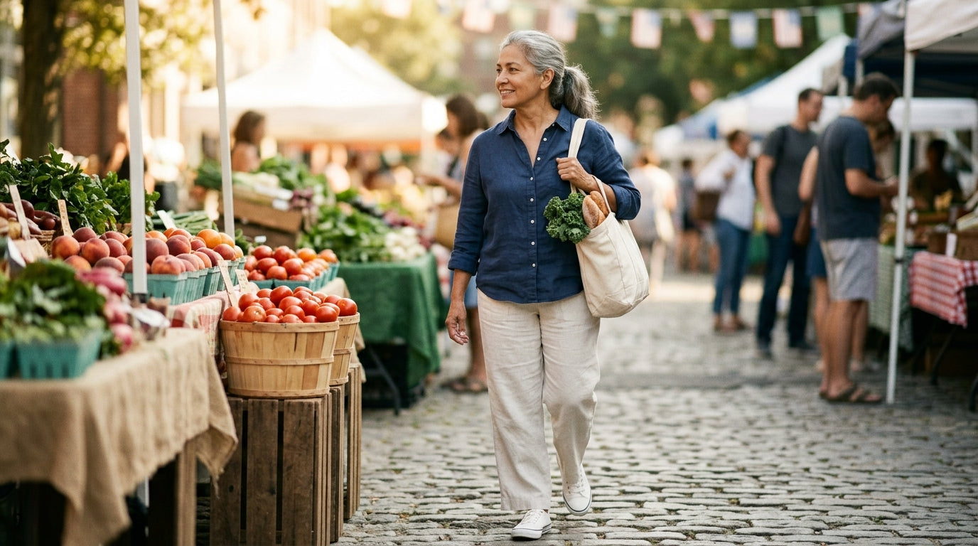 A mature woman walking comfortably through an outdoor farmers market, no limp, no bracing