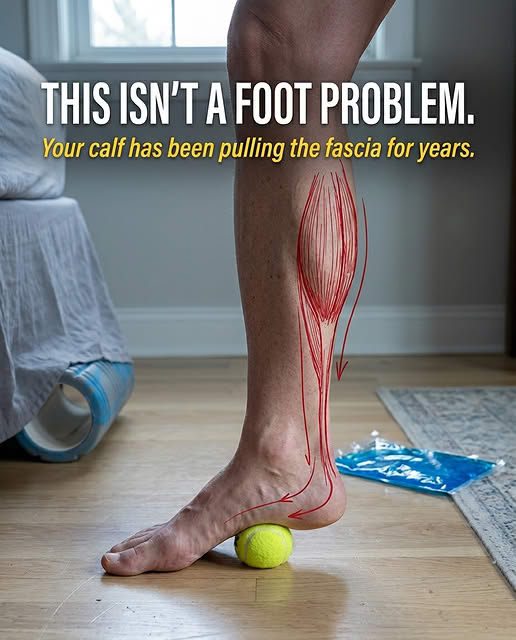 Anatomical illustration of the calf locking and pulling down on the plantar fascia at the heel while squeezing the vessels that feed the foot