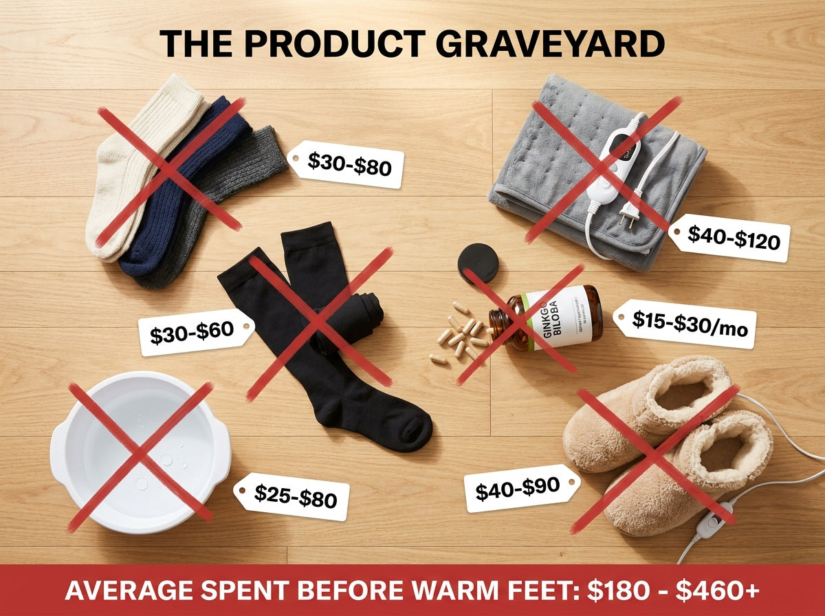 A typical cold-feet remedy drawer: wool socks, heating pad, compression socks, ginkgo supplements, foot soak basin, heated booties — all crossed out