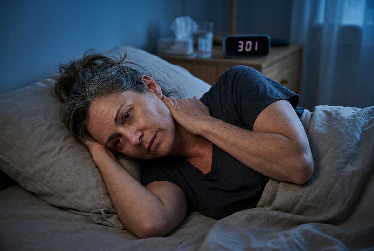 Woman lying awake at 3 am with a hand on her tense neck