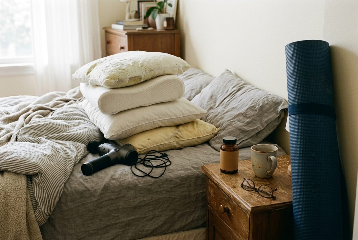 Pillows, melatonin, a massage gun and a yoga mat in a real bedroom