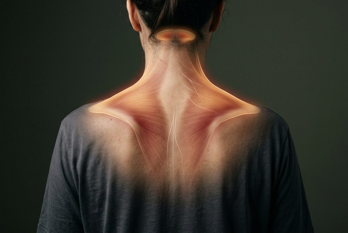 Anatomy illustration of the coat-hanger zone: trapezius and suboccipital band with nervous system pathway