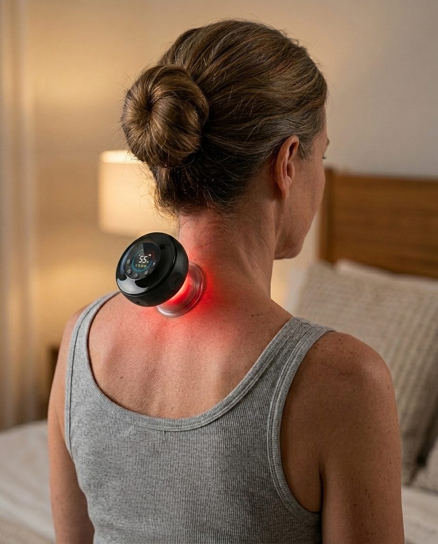 The Soleus Cupping Massager placed hands-free on the trapezius, clear cup glowing red