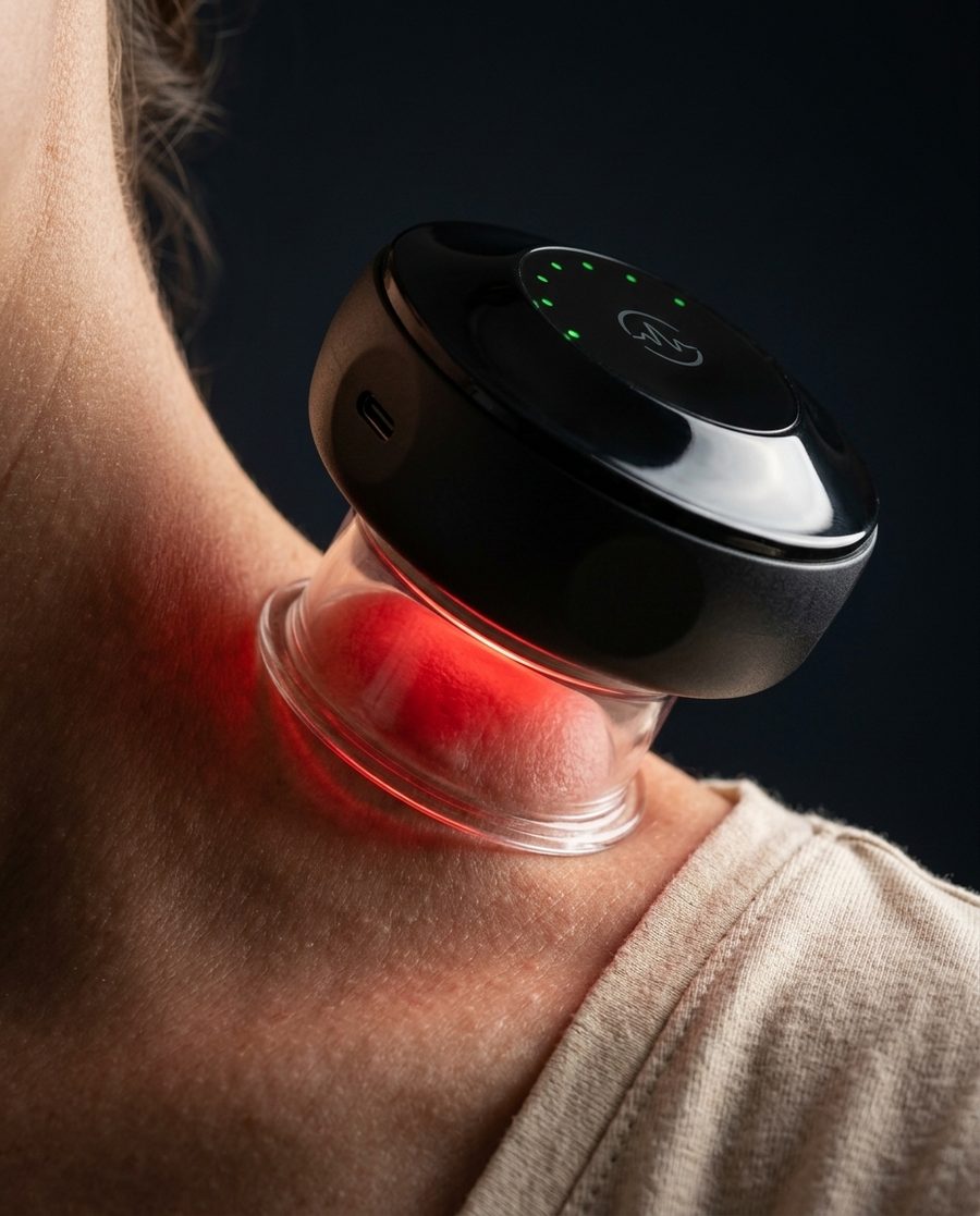 Macro of the clear cup lifting the skin with the internal red-light glow