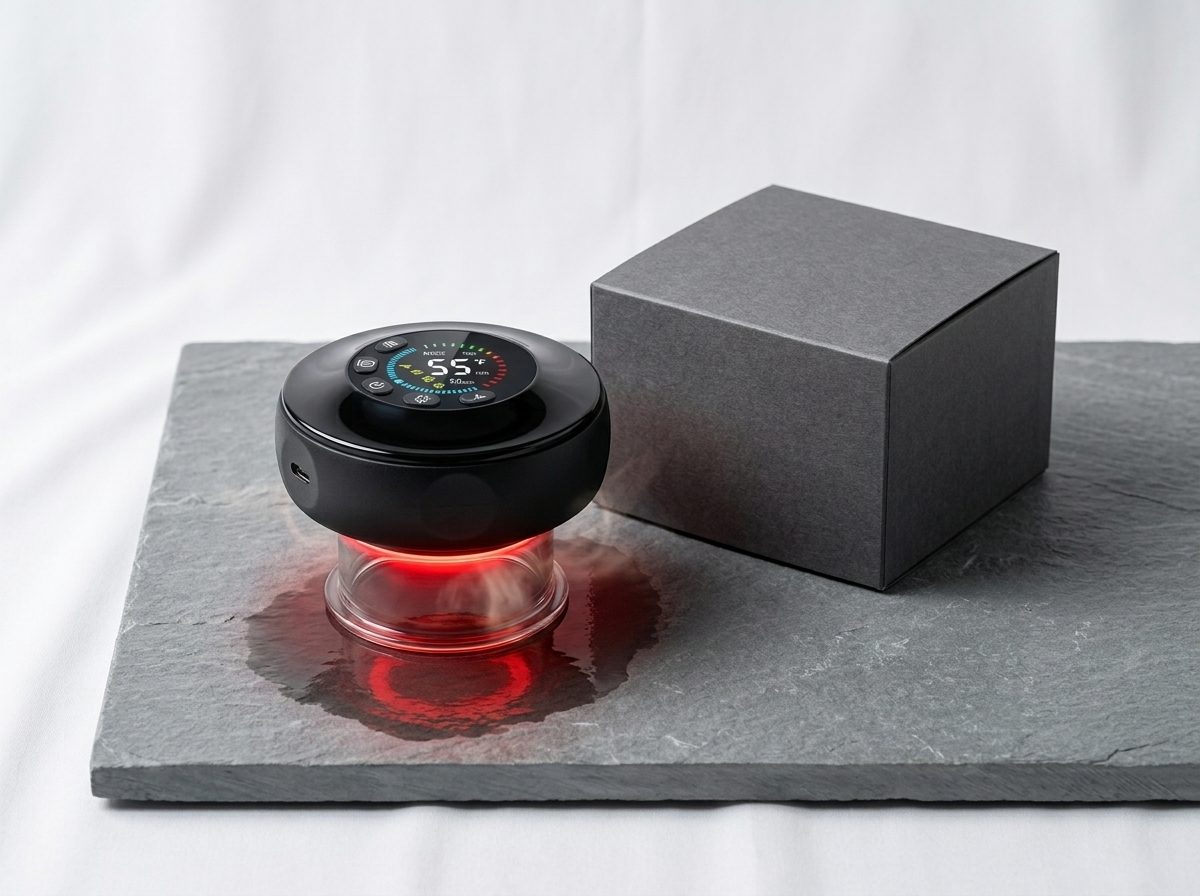 The Soleus Cupping Massager beside its minimal packaging on a premium surface