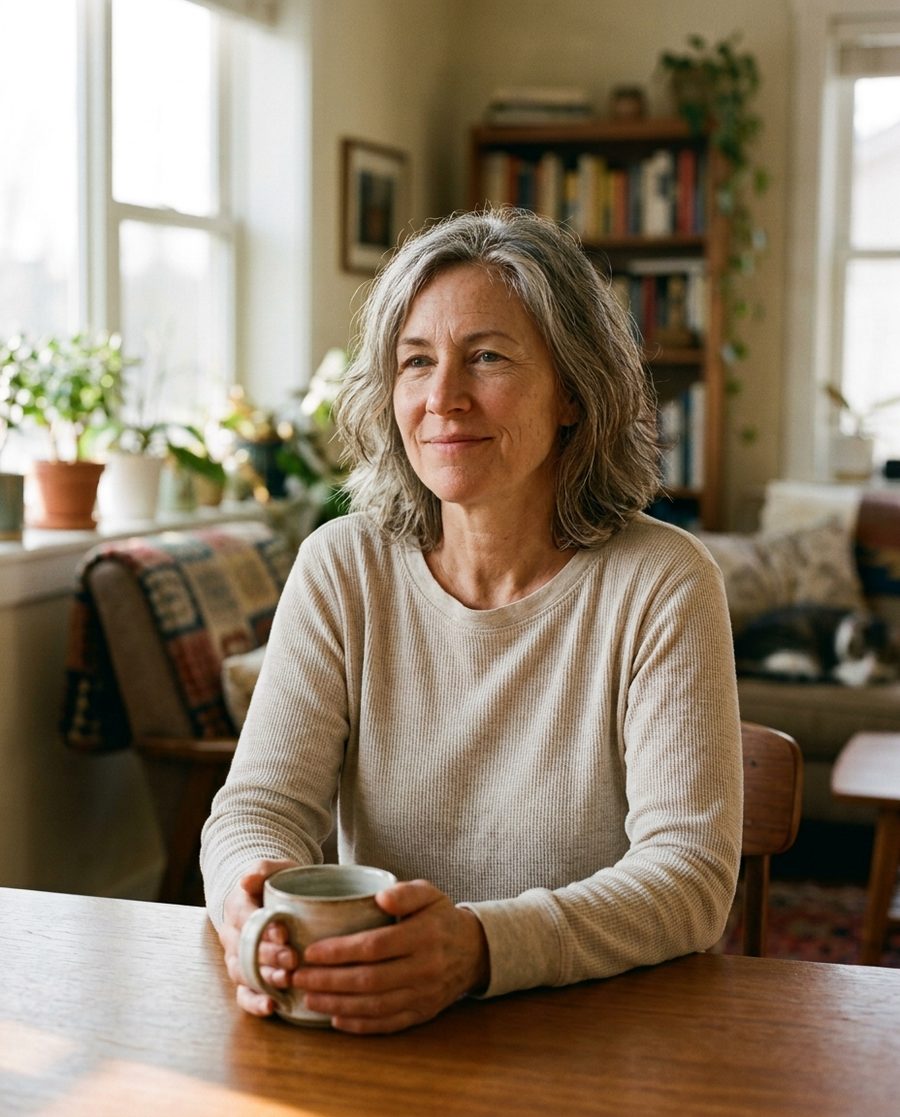 A rested woman in her fifties at home in soft morning light