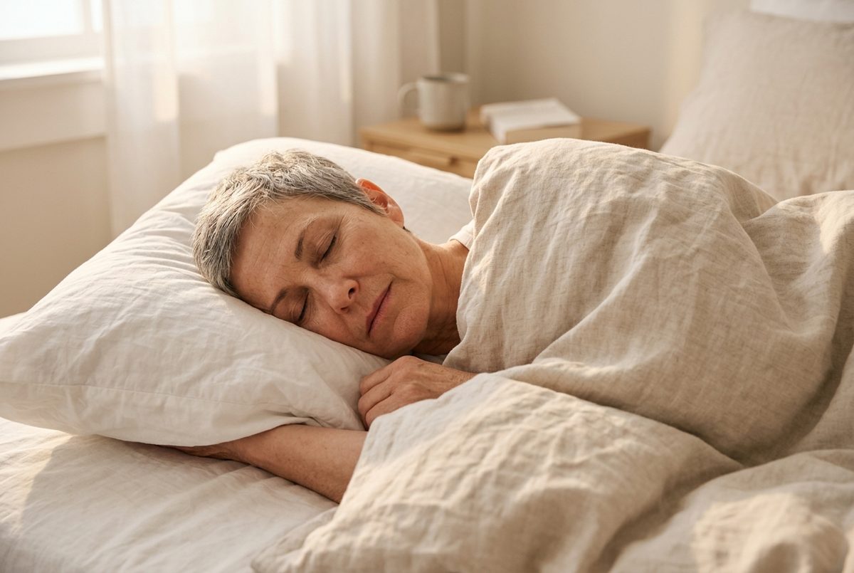 A woman sleeping peacefully in soft morning light, deeply rested