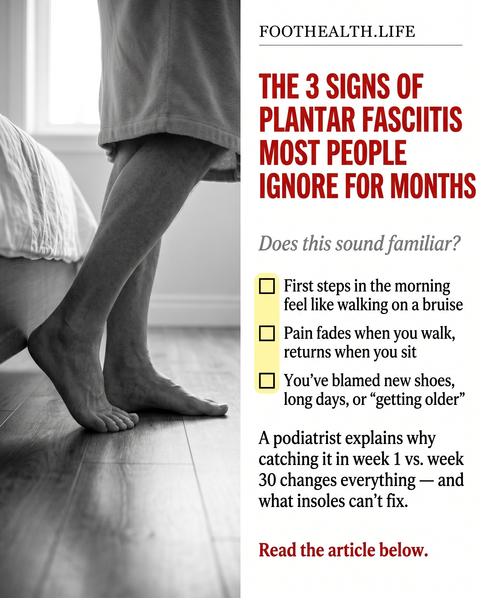 Editorial split-panel illustration showing bare feet on a cold floor at dawn beside a list of three early warning signs of plantar fasciitis