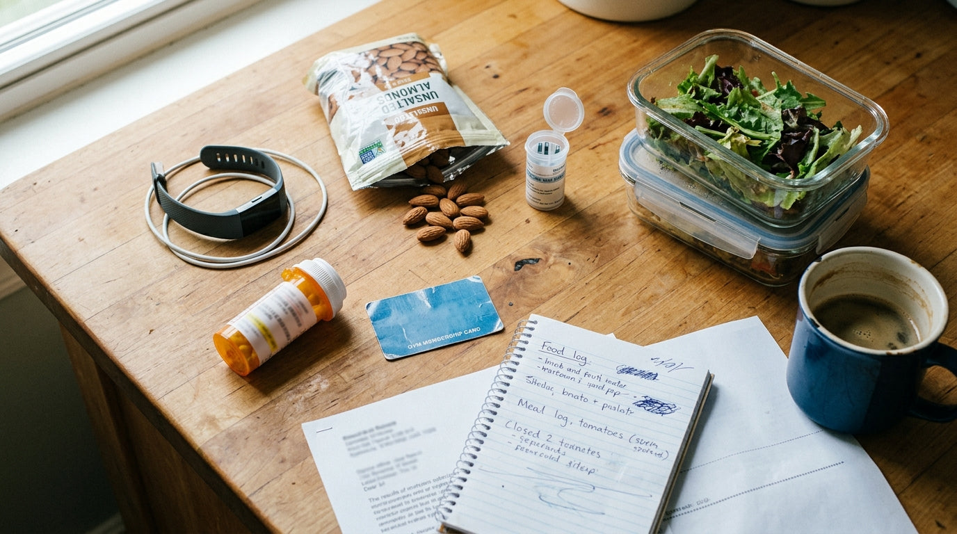 The typical prediabetic kitchen counter. Fitness tracker. Almonds. Glucose strips. Pill bottle. Gym card. Meal-prep containers. Food log notebook.