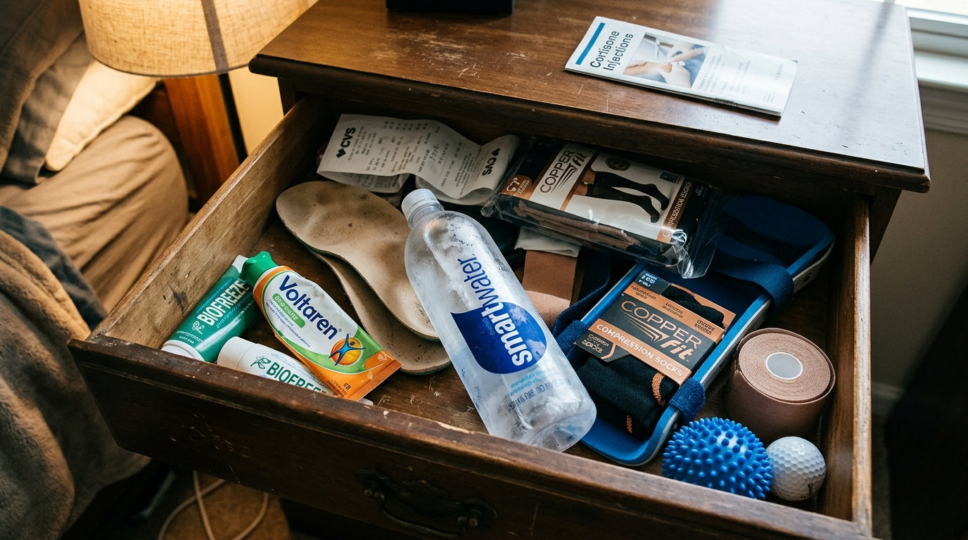 A bedside nightstand drawer with a frozen water bottle, orthotics, Voltaren, Biofreeze, compression socks, copper sock, and a massage ball