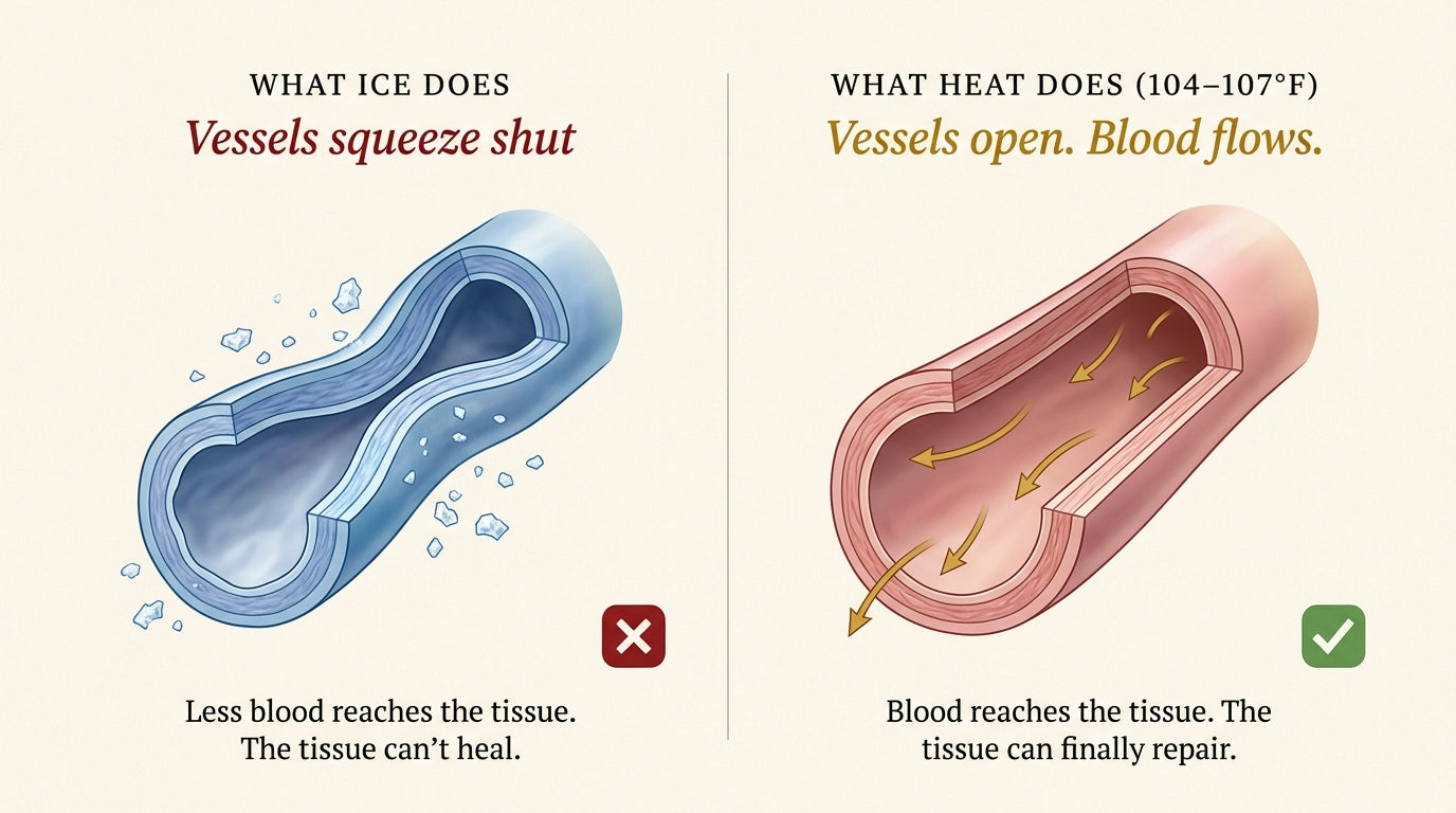 Two blood vessel cross-sections side by side. Left: vessel constricted by ice, narrow and blue. Right: vessel dilated by heat, open and warm pink with blood flowing