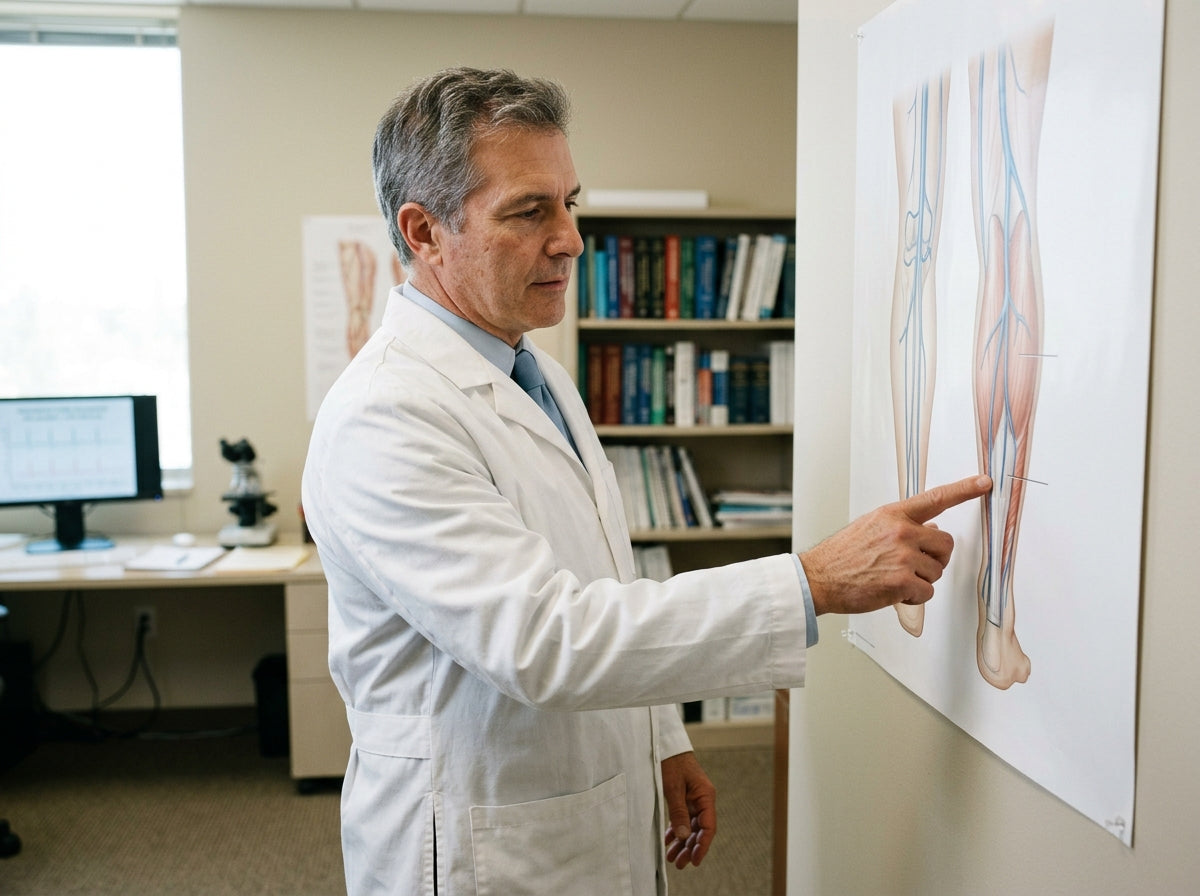 A vascular-health researcher in a white coat studying an anatomical diagram of the lower leg and calf circulation