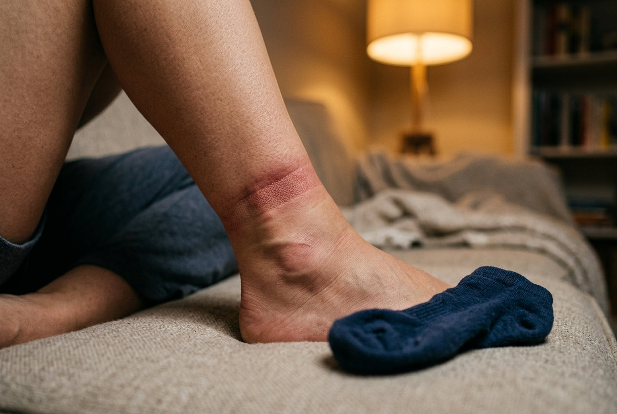A deep sock-line ring carved into a bare ankle in the evening, still indented long after the sock came off