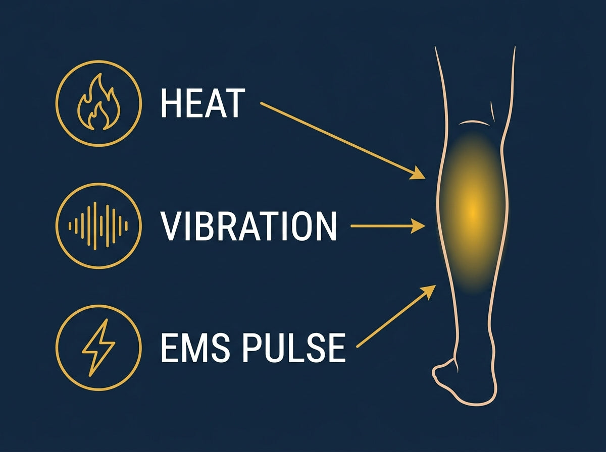 Diagram of the three modalities — Heat, Vibration and EMS pulse — converging on the calf muscle