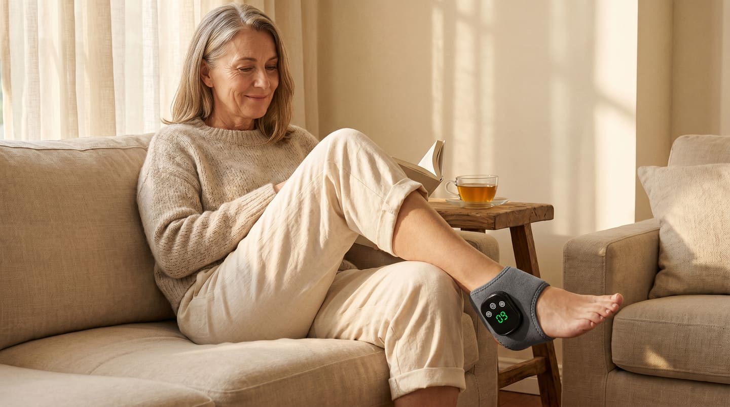 Janelle wearing the Soleus foot wrap on her couch