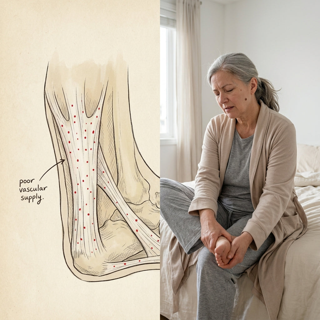 Anatomy of the plantar fascia showing poor microvessel density, beside a woman in her late 50s gripping her foot in pain at morning light