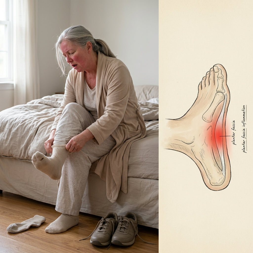 Woman in her late 50s sitting on the edge of her bed struggling to pull on a sock at morning light, beside a hand-drawn medical illustration of the plantar fascia with red inflammation along the arch