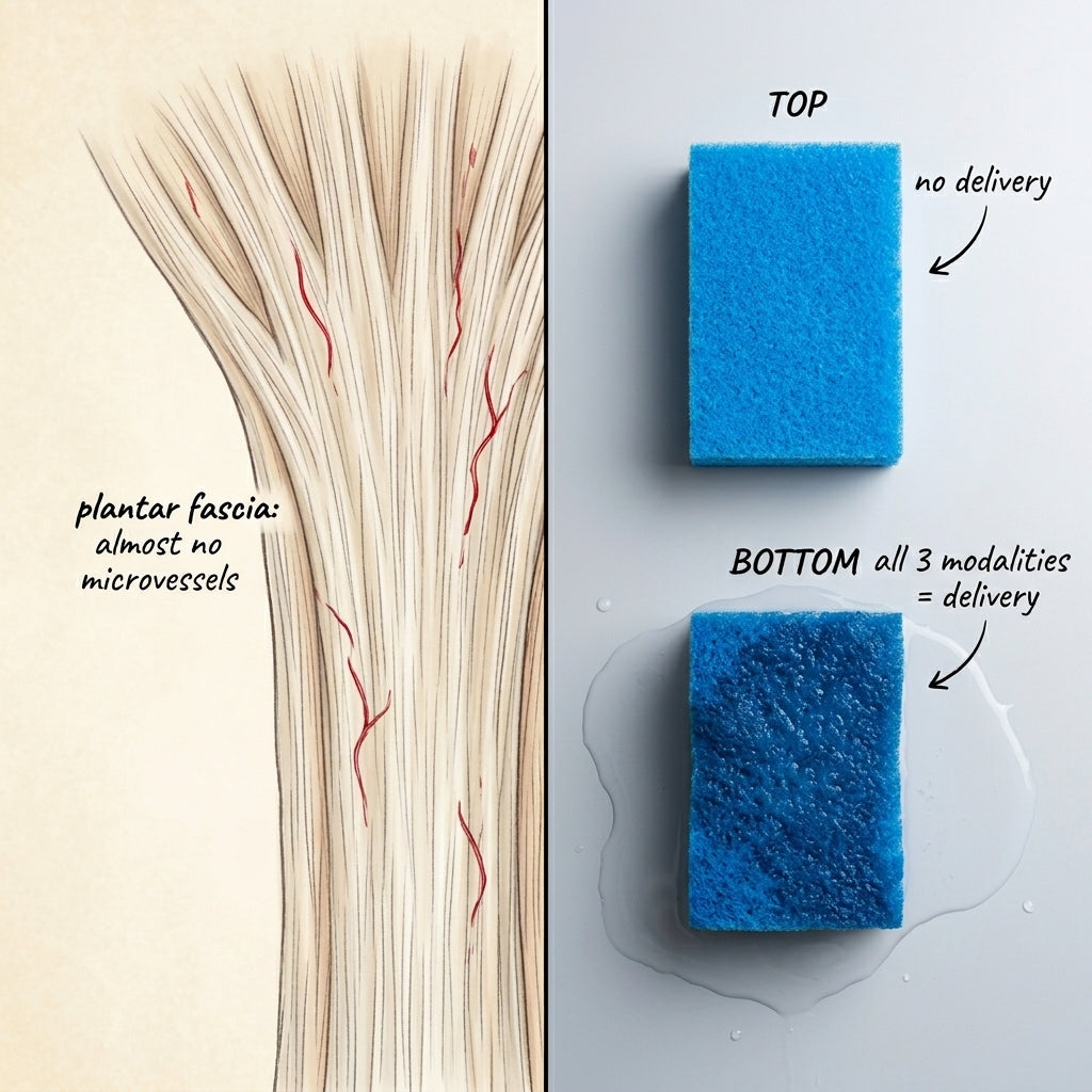 Plantar fascia tissue diagram showing almost no microvessels, beside a sponge analogy: dry sponge with no delivery versus saturated sponge representing all three modalities delivering circulation