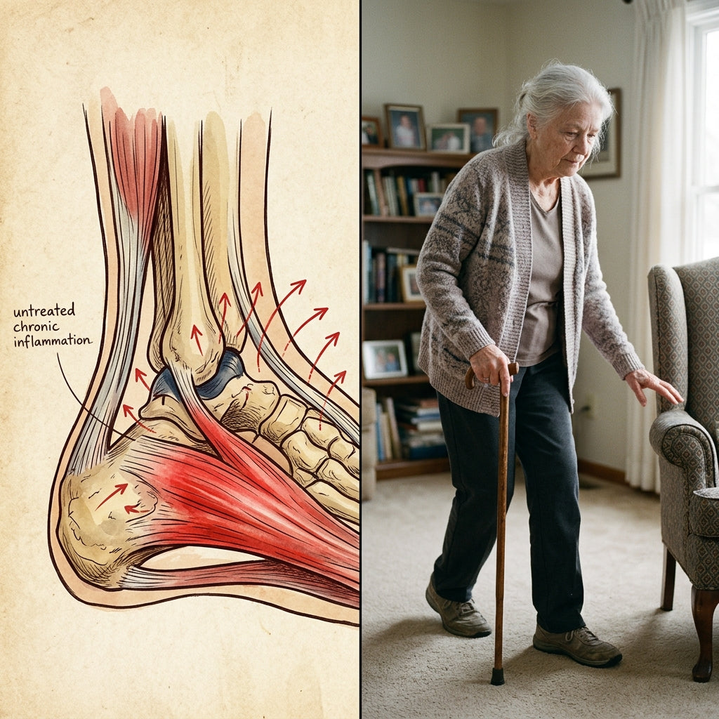 Anatomical foot diagram showing untreated chronic plantar fascia inflammation with cascading red arrows, beside a photograph of an elderly woman walking carefully across her living room with a cane reaching for an armchair for support