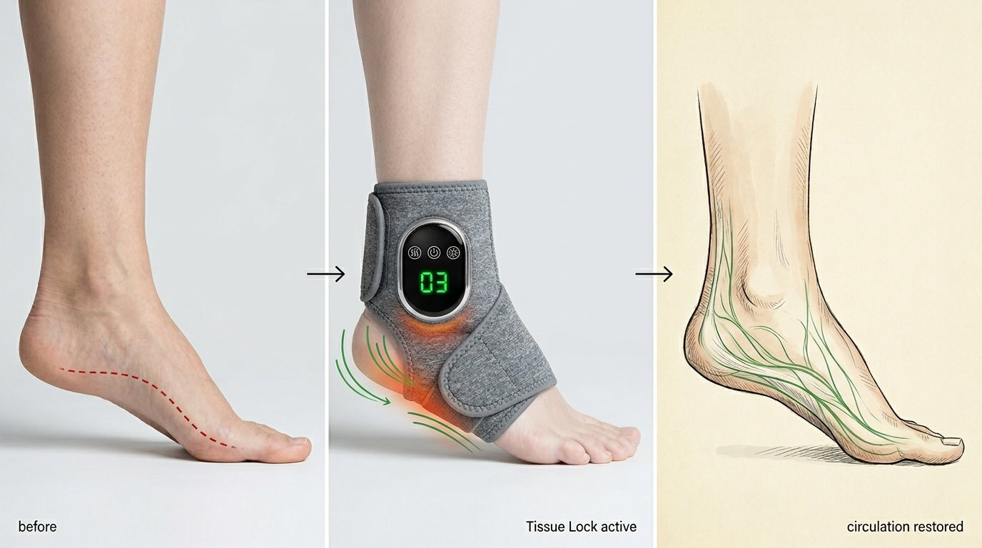 Three-panel diagram showing a foot before with poor circulation, the same foot with the Soleus device wrapped on with Tissue Lock active, and the restored circulation in the plantar fascia after