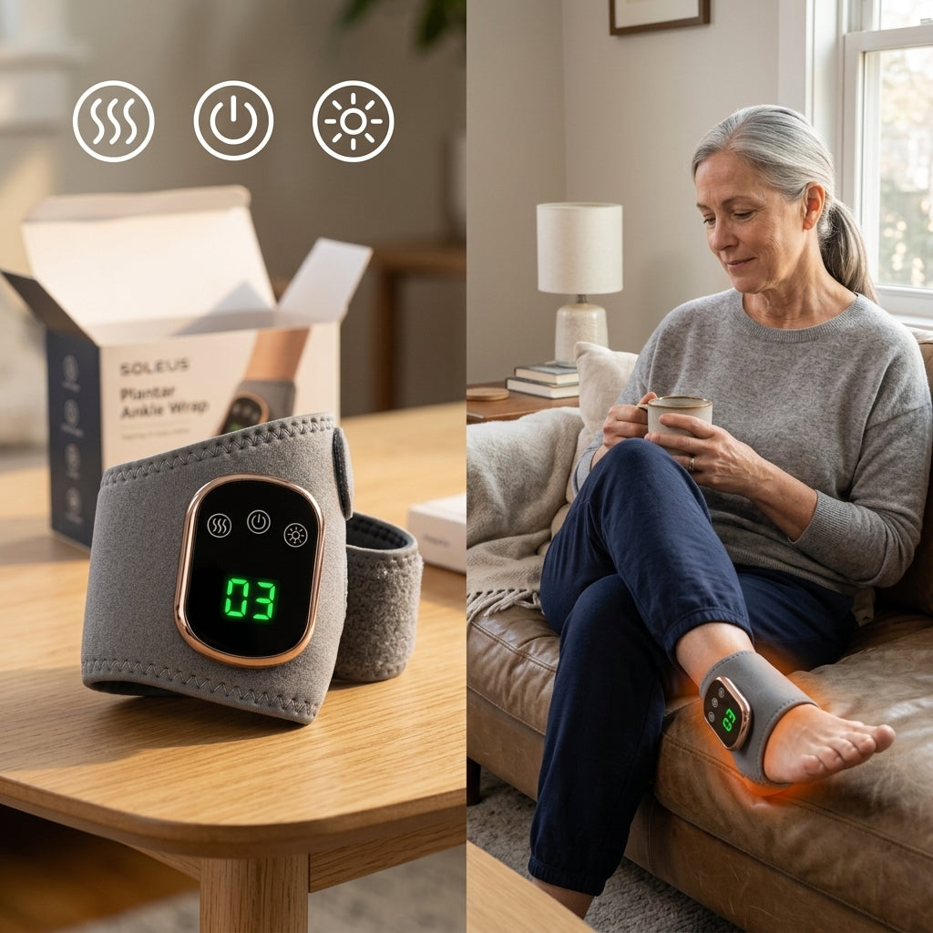 Soleus plantar ankle wrap unboxed on a coffee table, beside a woman in her late 50s sitting on her couch with the device wrapped on her right foot, holding a coffee mug