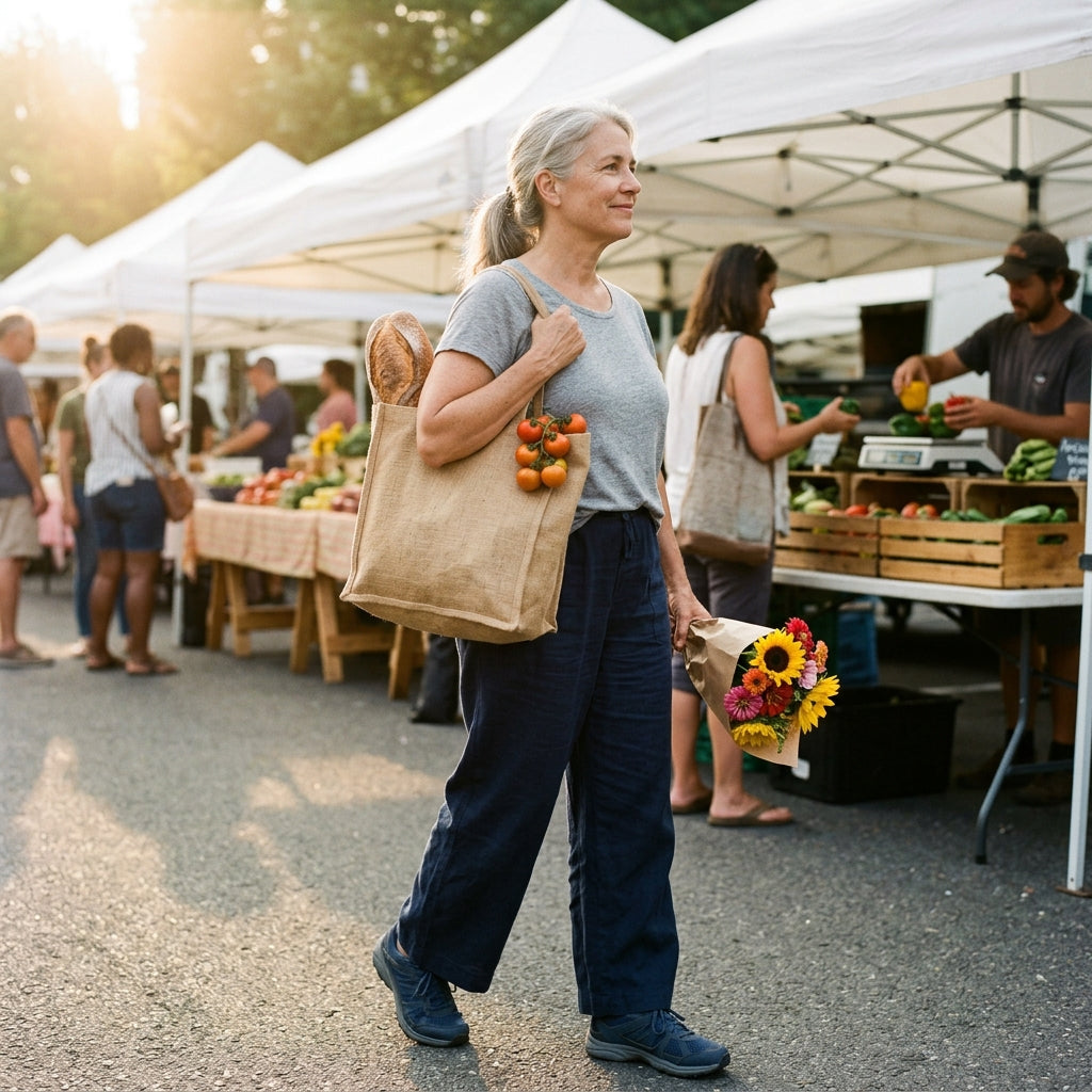 Woman in her late 50s walking through an outdoor farmers market in golden morning light, carrying a tote bag with sourdough and tomatoes, holding a small bouquet of zinnias and sunflowers, candid mid-stride with a soft half-smile