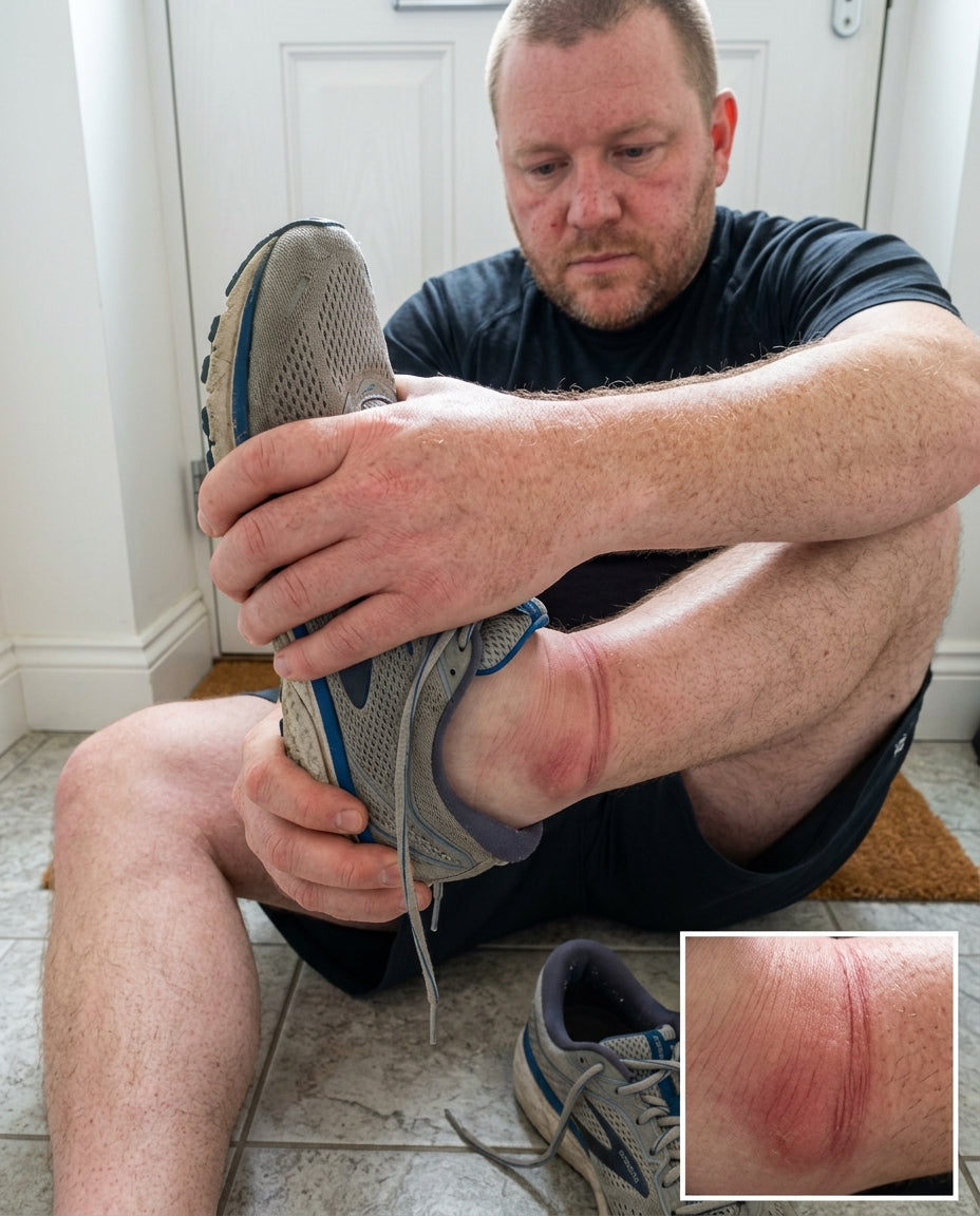 Hands pulling off a walking shoe from a swollen ankle, with a close-up of a deep sock groove