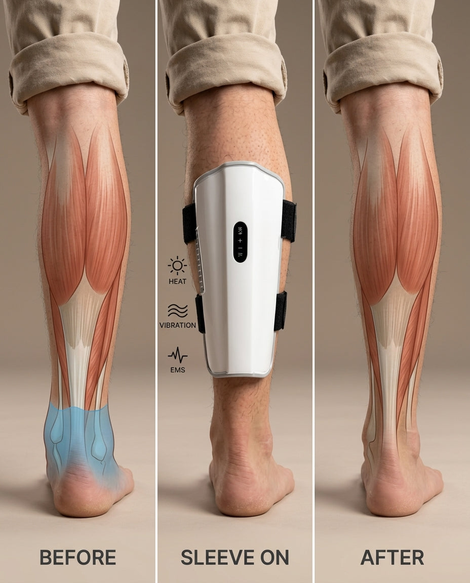 Three-panel diagram: fluid settling before, the SOLEUS sleeve active with Heat, Vibration and EMS, and the leg drained after