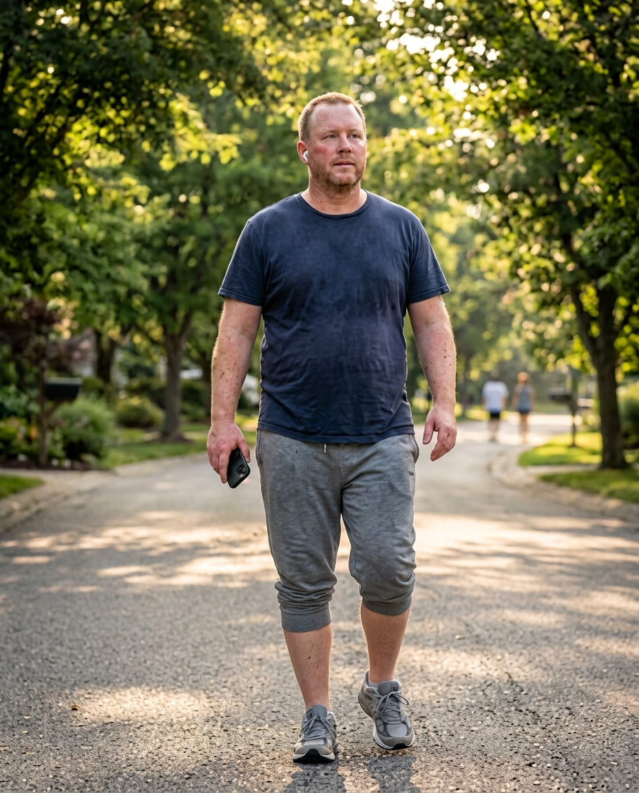 The narrator walking a tree-lined neighborhood path in the morning, natural stride, no product visible