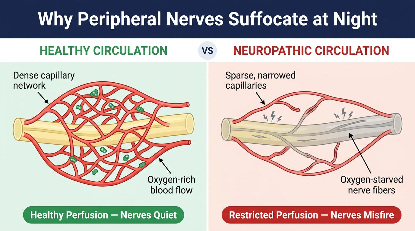 Comparison of healthy capillary bed vs. narrowed capillary bed feeding peripheral nerves
