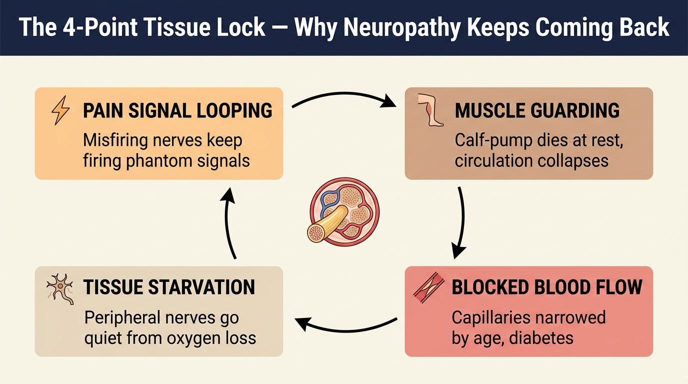 Anatomical diagram of the peripheral neuropathy four-point loop: pain signal looping, muscle guarding, blocked blood flow, tissue starvation