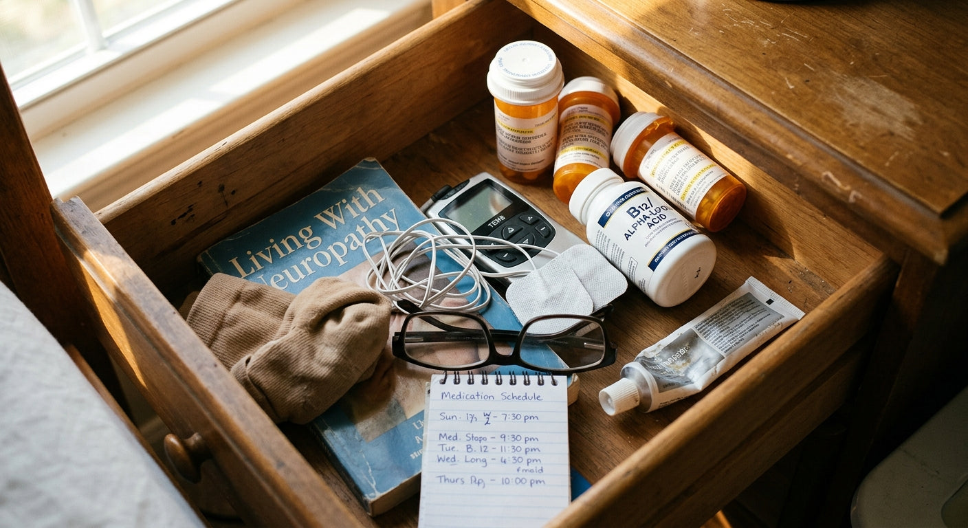 A typical neuropathy treatment drawer: pill bottles, TENS unit, compression socks, B12 supplements