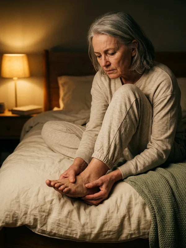 Person awake at night easing heel pain in bed