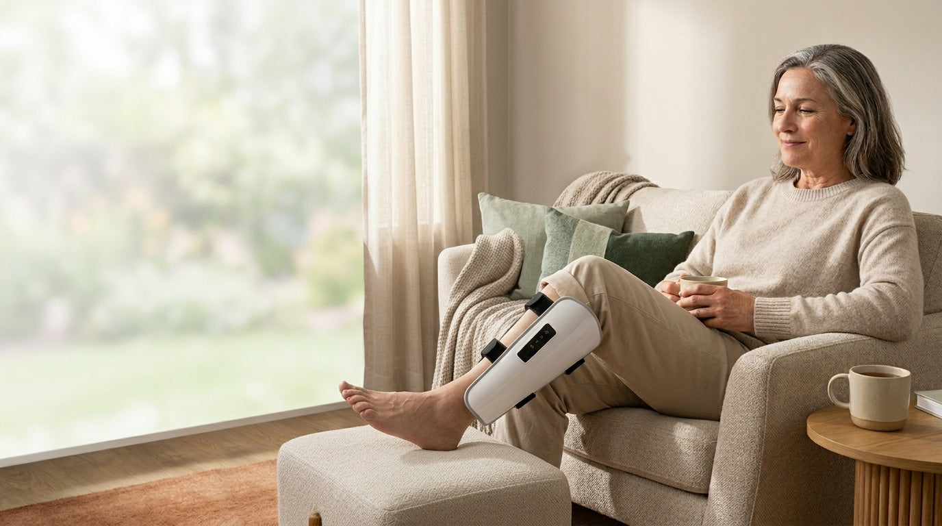 Mature adult relaxing at home wearing the Soleus Calf Therapy Sleeve