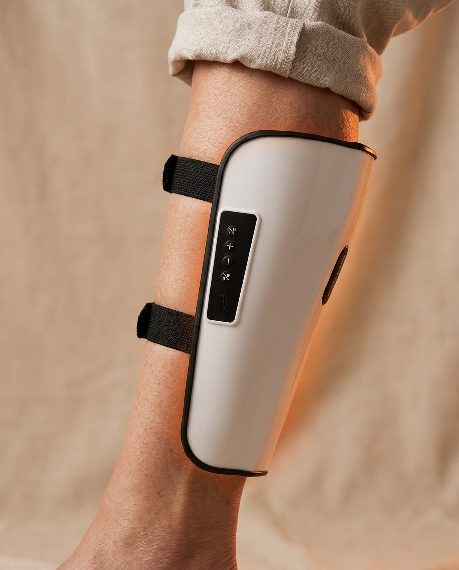 Close-up of SOLEUS calf sleeve with warm heat therapy glow