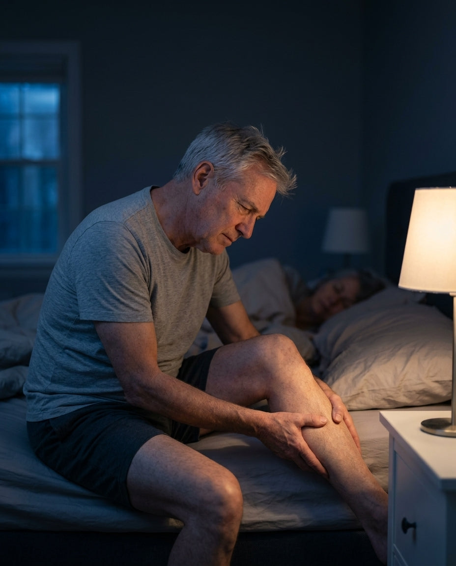 Mature man rubbing his calf at night, struggling with cramps
