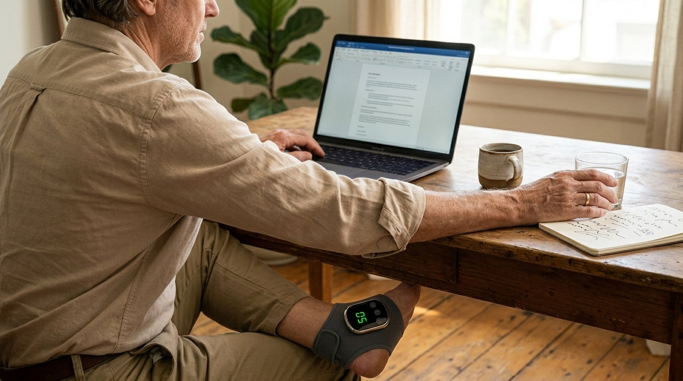 An adult at a wooden home-office desk continuing a normal workday. The Soleus device is active on the ankle. Green LED visible.