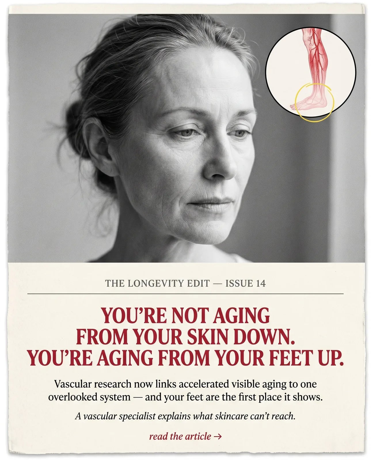 Editorial portrait of a woman in her fifties paired with a small inset showing the fading arterial perfusion gradient in the lower extremities