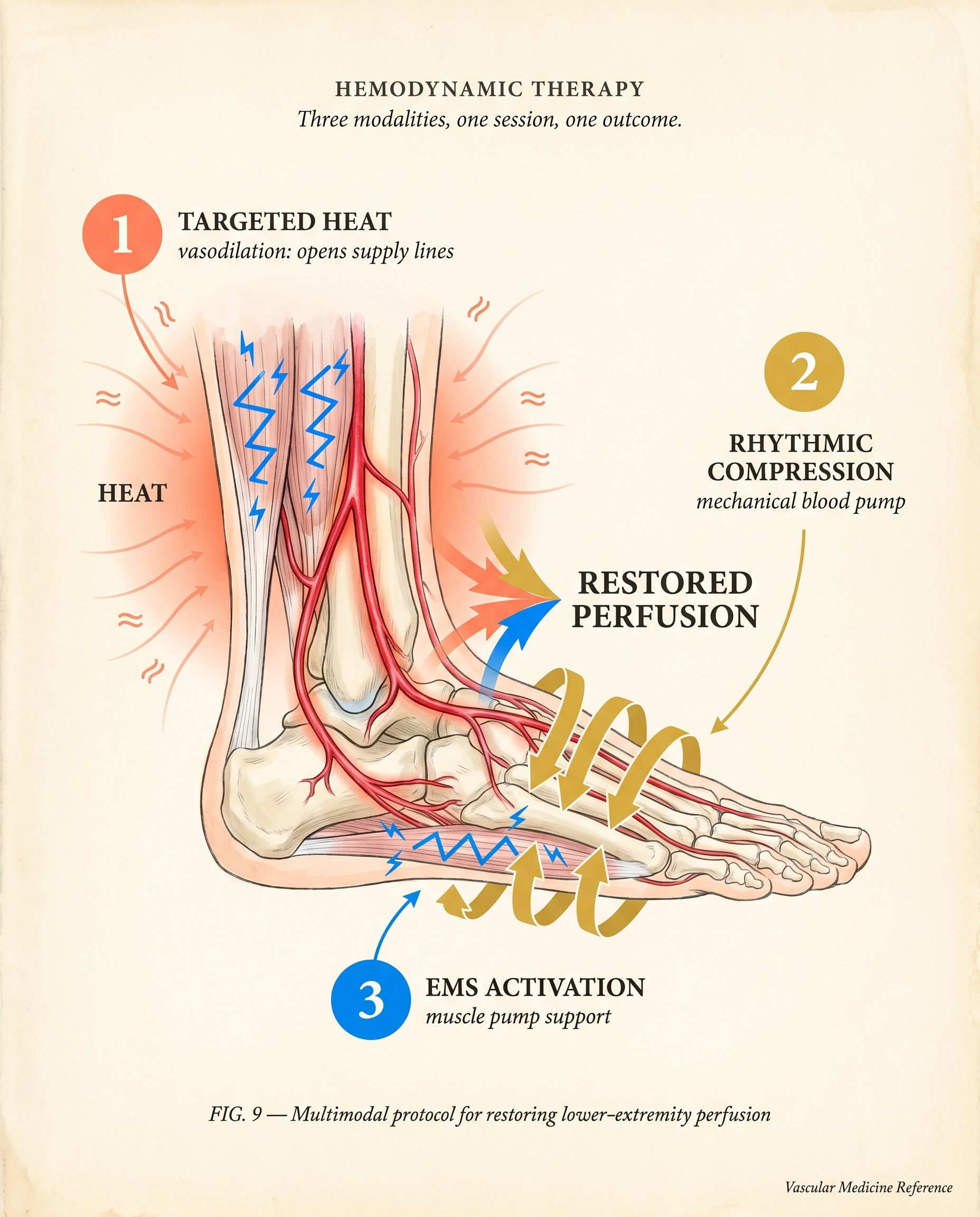 Diagram showing the three modalities of Hemodynamic Therapy converging on a foot: targeted heat producing vasodilation, rhythmic compression as a mechanical blood pump, and electrical muscle stimulation contracting the muscle pump