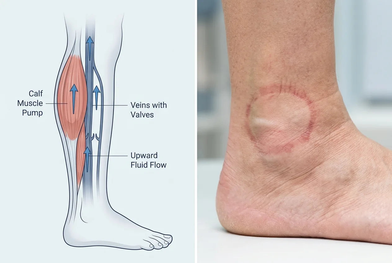 Anatomy of the calf muscle pump pushing fluid up the leg, beside a swollen ankle with a deep sock-ring mark