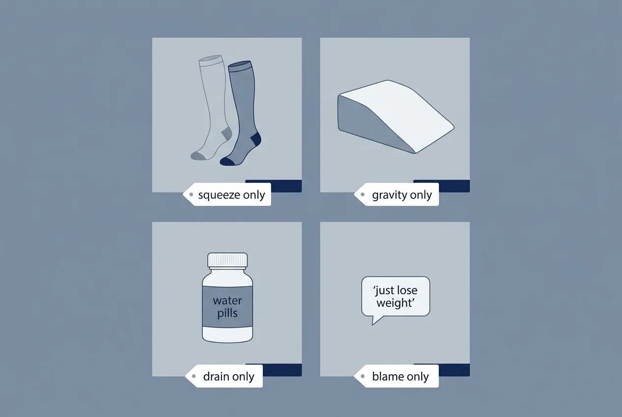 Compression socks, elevation pillow, water pills and 'just lose weight' — each manages the flood, not the pump