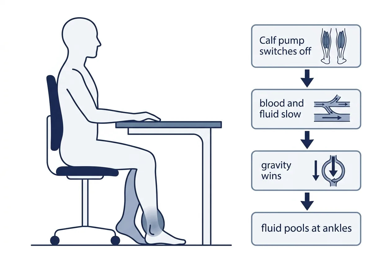 Seated at a desk: calf pump switches off, blood and fluid slow, gravity wins, fluid pools at the ankles