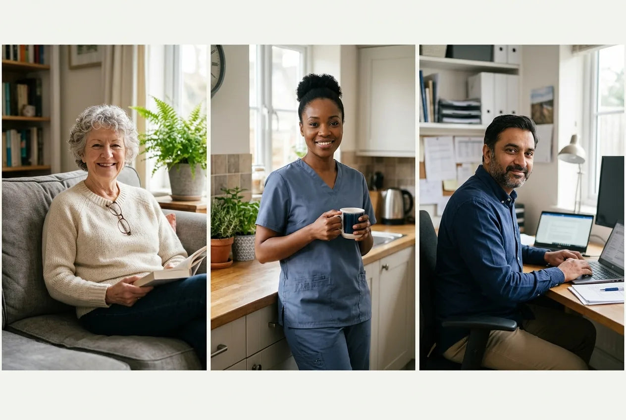 Three customers at home — a senior woman, a nurse, and a desk worker