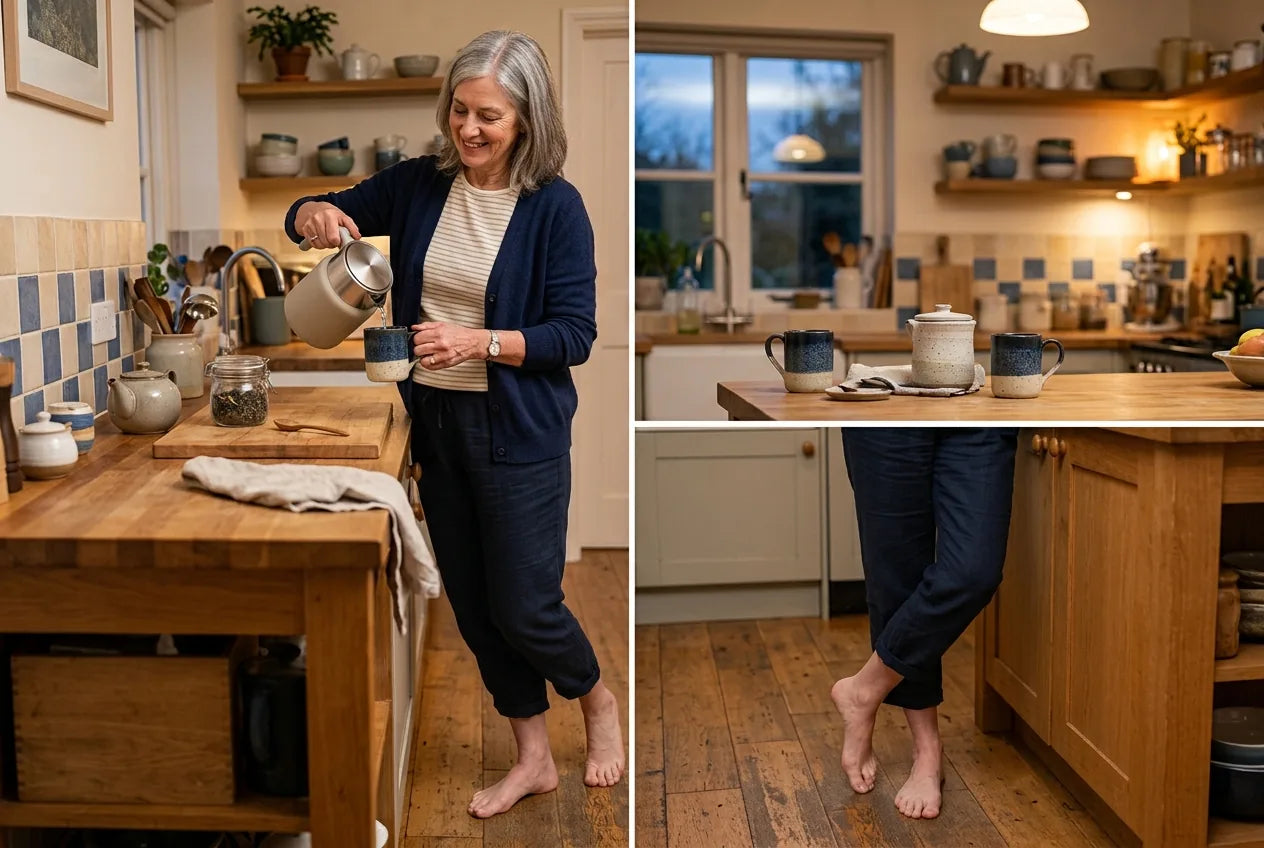 A woman standing comfortably at her kitchen counter in the evening