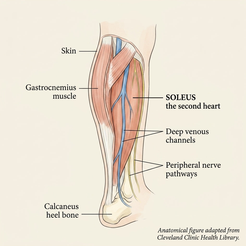 Cross-section of calf showing soleus position deep behind gastrocnemius, deep venous channels
