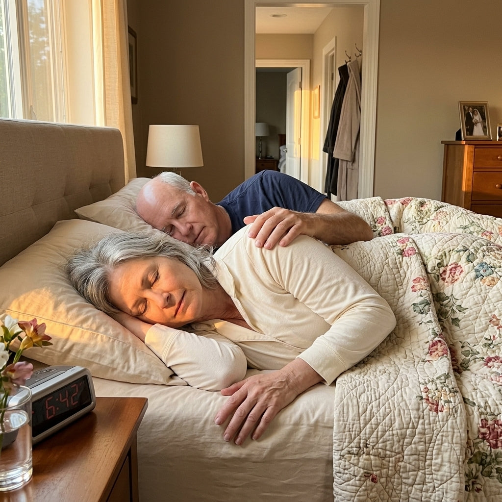 Older couple sleeping peacefully facing each other in shared bed, warm morning light