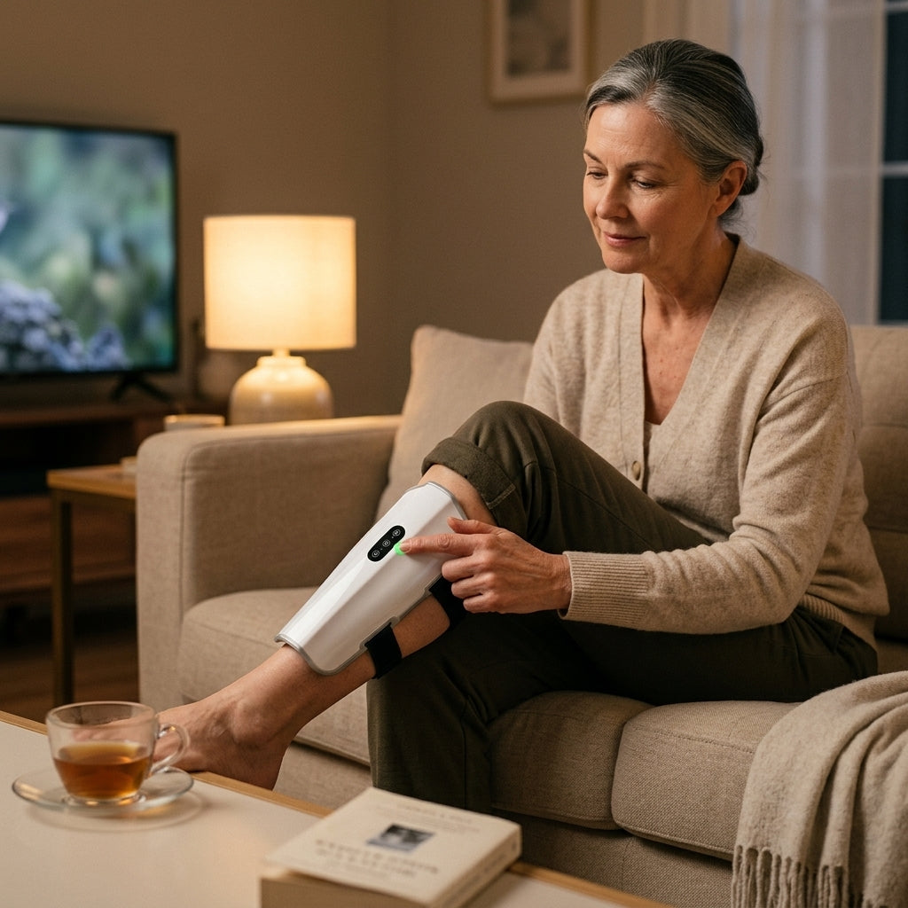 The Soleus Calf Therapy Sleeve worn on a user's calf in a calm domestic living room