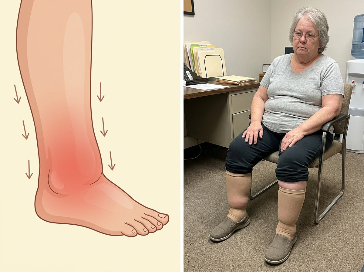 Older woman (different from narrator) seated at desk, heavy ankles visible above support hosiery, no longer on her feet; represents feared-future livelihood loss